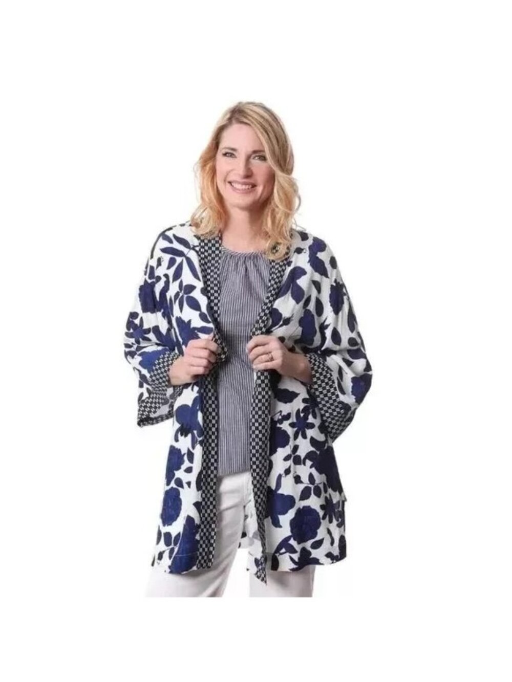 CAbi Kimono Jacket XS/Small Botanical Floral Open Front White Blue Boho Chic